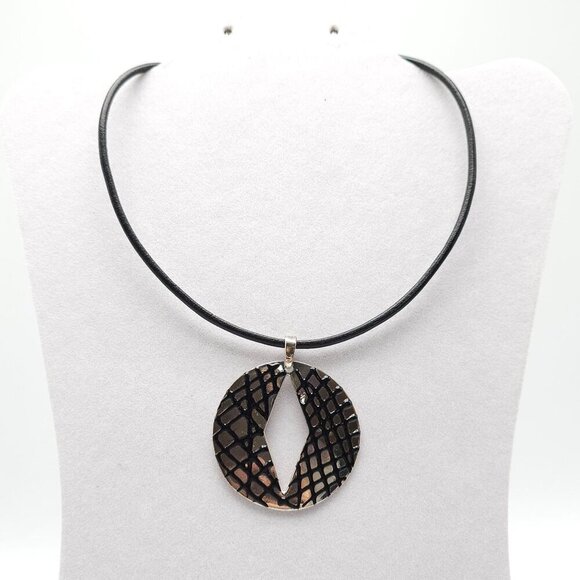 Chico's Black Embossed Pendant Necklace With Textured Circular Design - Picture 1 of 5
